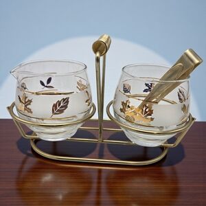 Vintage Mid Century Glass Condiment Set Gold Leaf Bowls w Brass Caddy & Tongs